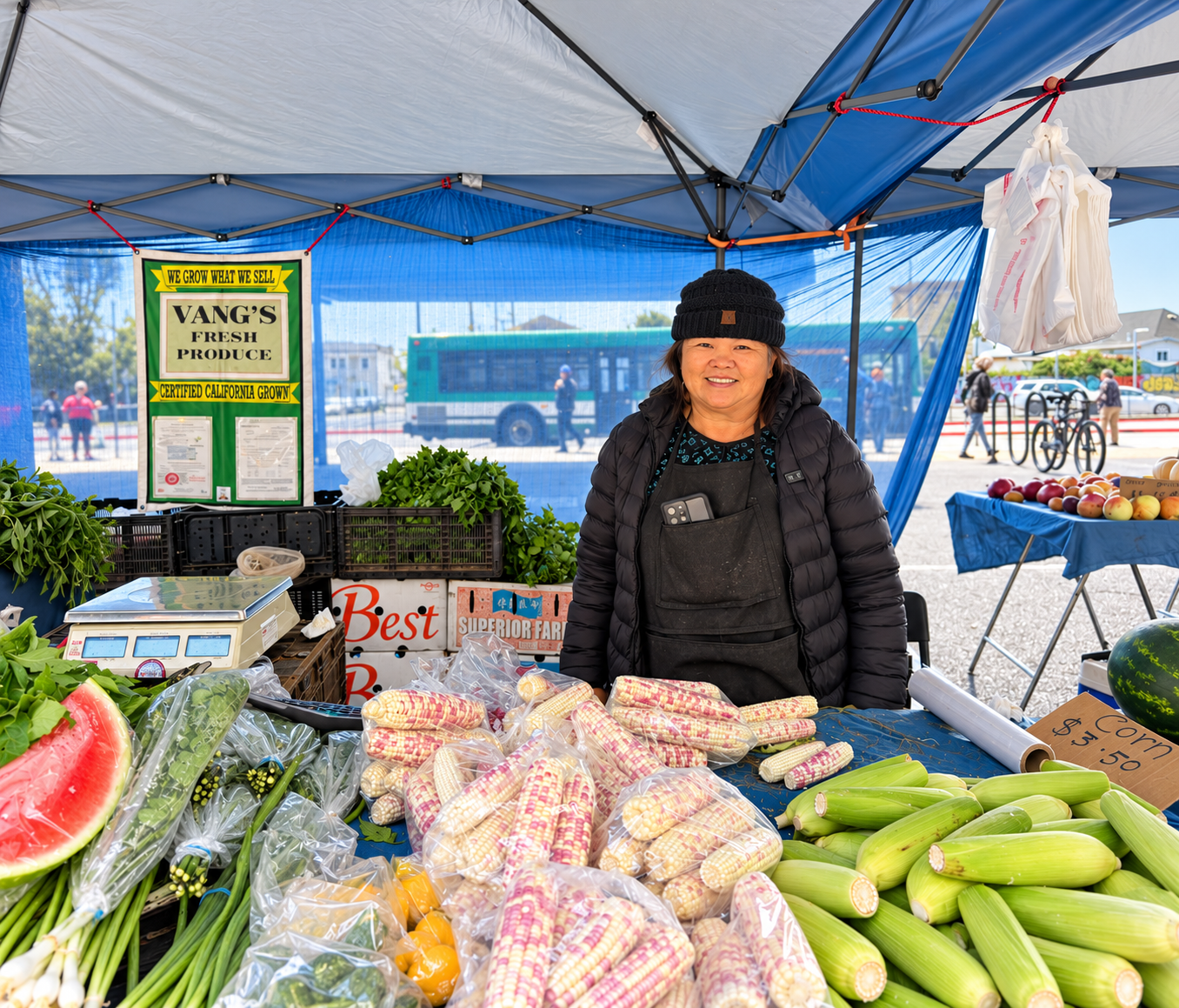 A smiling vendor at her produce stand in the plaza